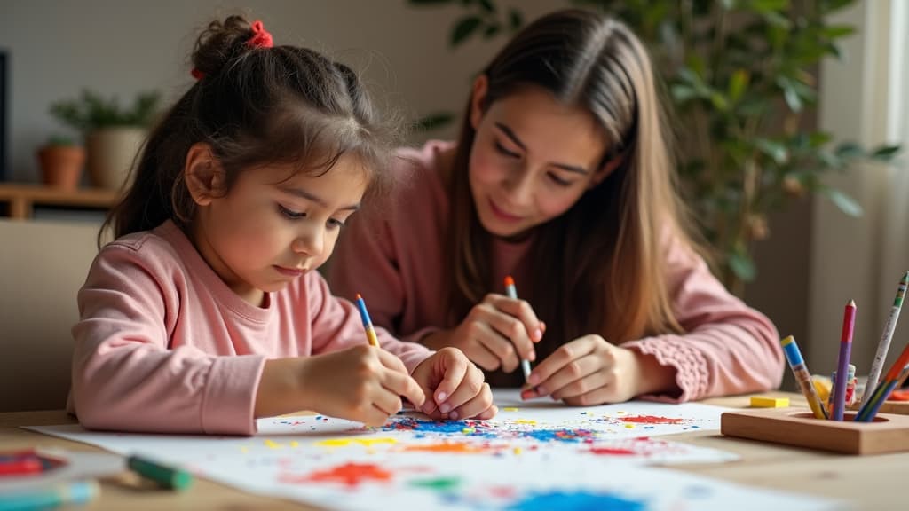 A mother and a daughter performing coloring activity together