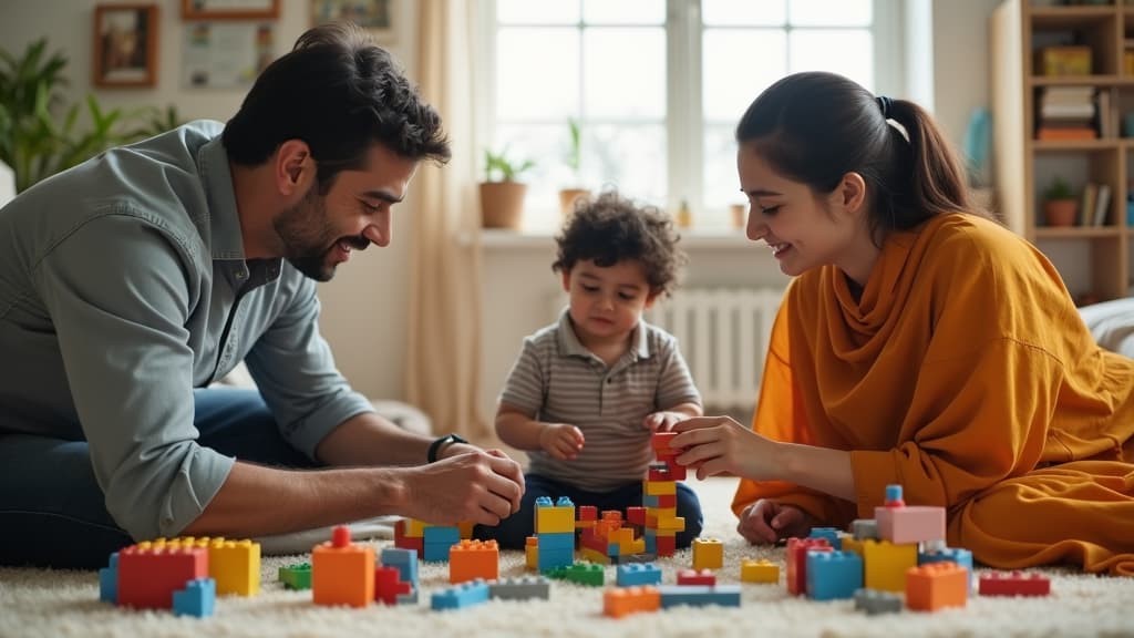 Parents engaging child with building blocks